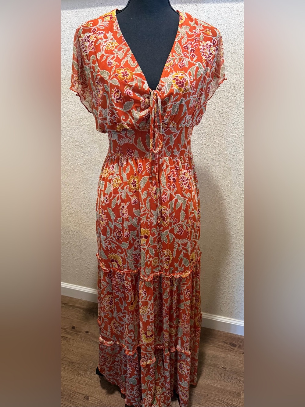 Rust Floral Tie-Front Maxi Dress with Smocked Waist